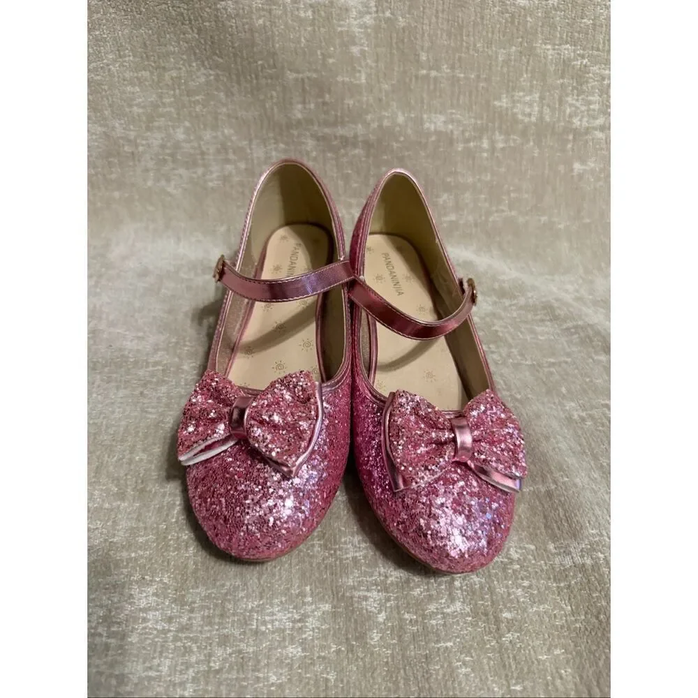 Pandaninja Girls Ruby Glittery Bow Block Heels Mary Jane Dress Shoes Pink Size 5